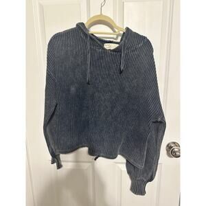 NWOT Vintage Havana Distressed Denim Blue Hooded Sweater Large